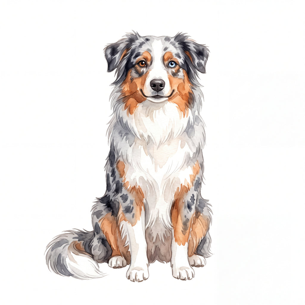 PawTale Press artwork: Australian Shepherd (blue merle), Watercolor style