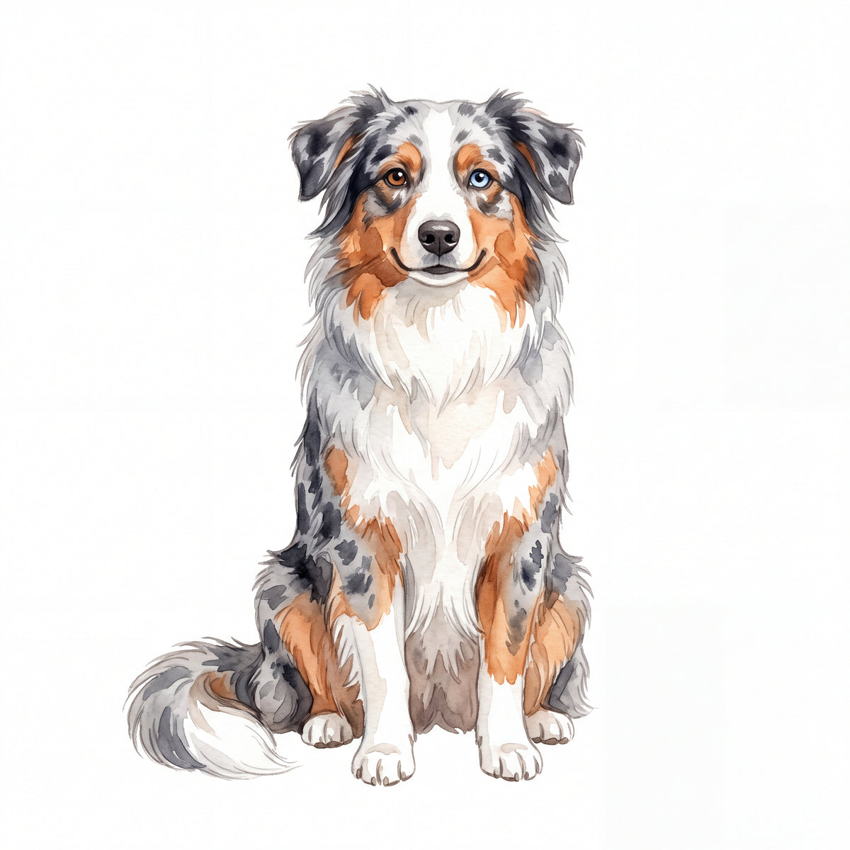 PawTale Press artwork: Australian Shepherd (blue merle), Watercolor style