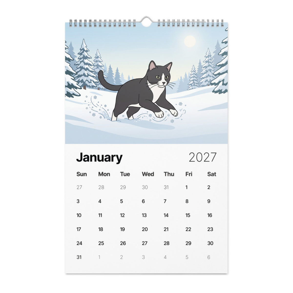 Example 2027 pet calendar, January page: a cat painted in modern line style