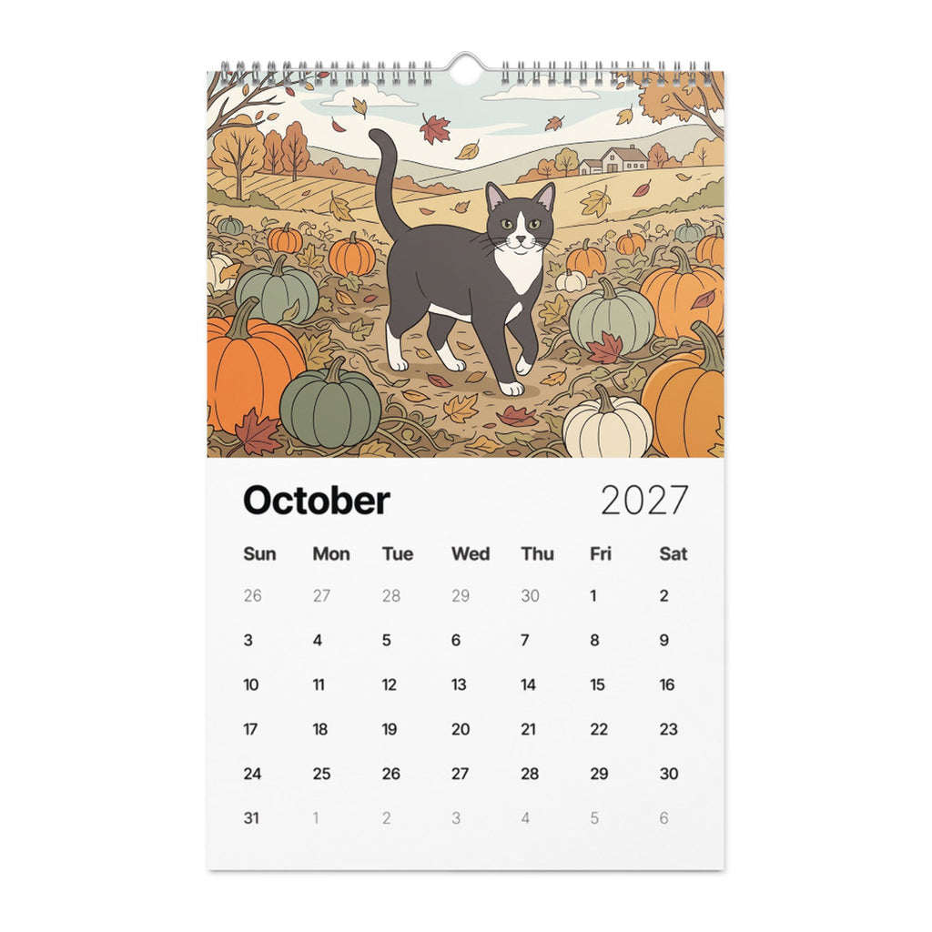 Example 2027 pet calendar, October page: a cat painted in modern line style