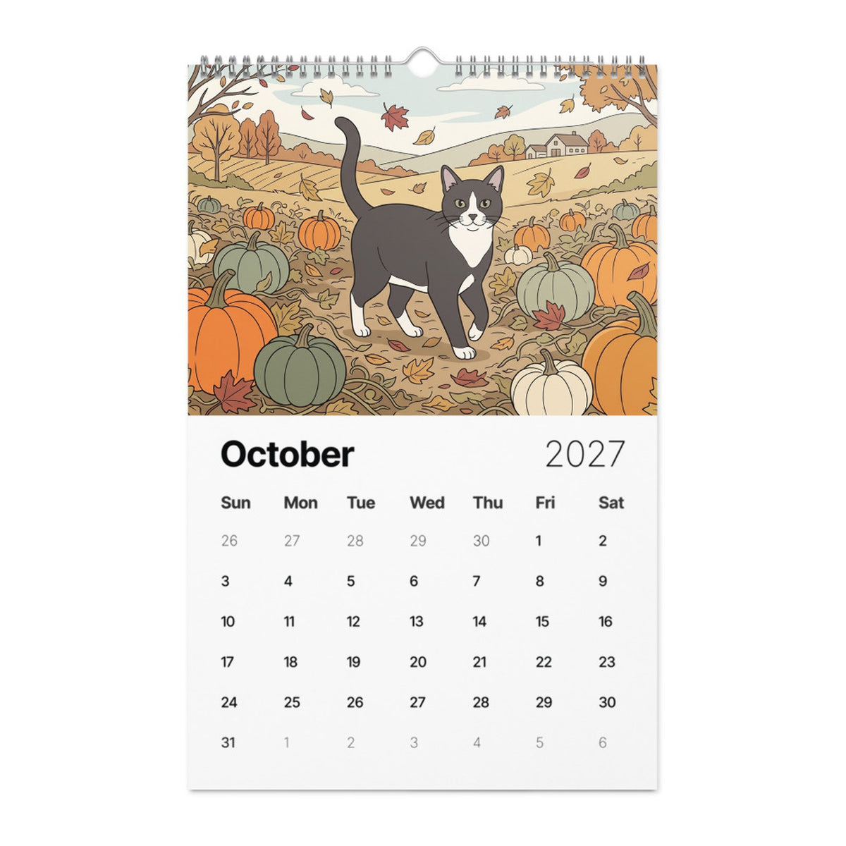 Example 2027 pet calendar, October page: a cat painted in modern line style