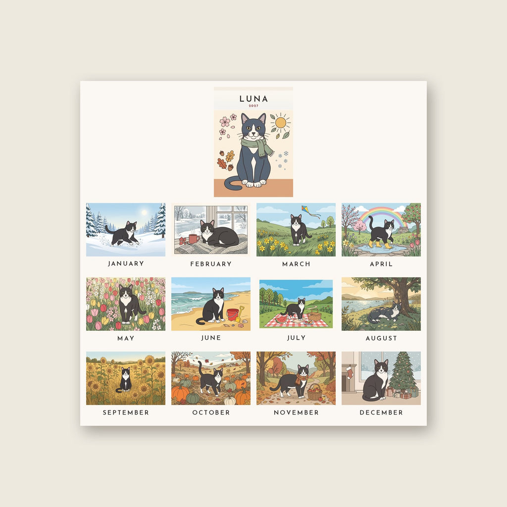 All 12 months of an example 2027 cat calendar