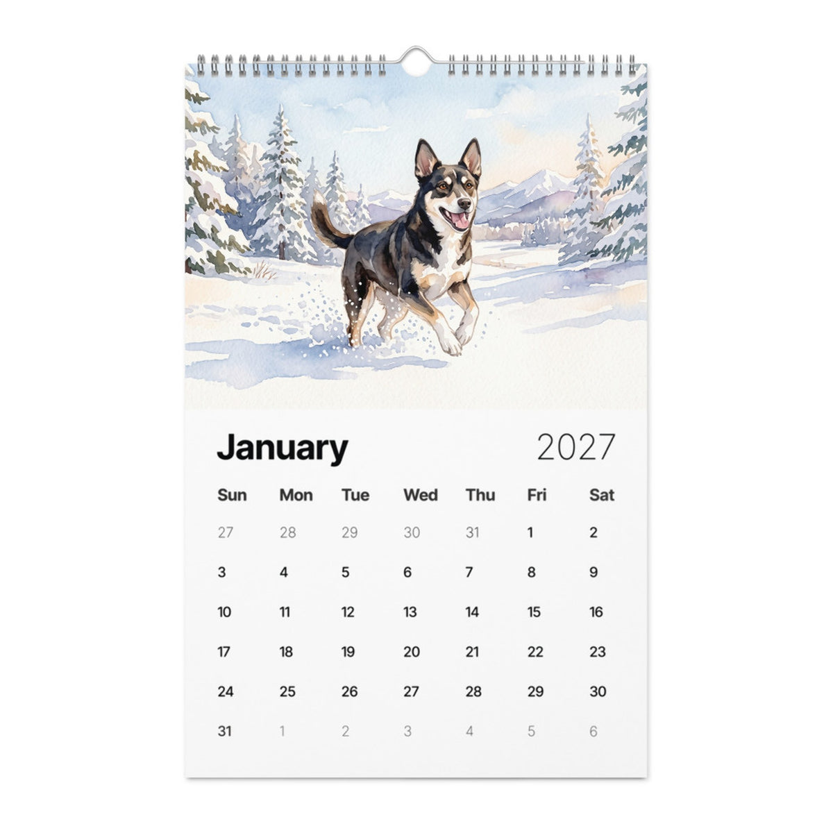 Example 2027 pet calendar, January page: a dog painted in watercolor style