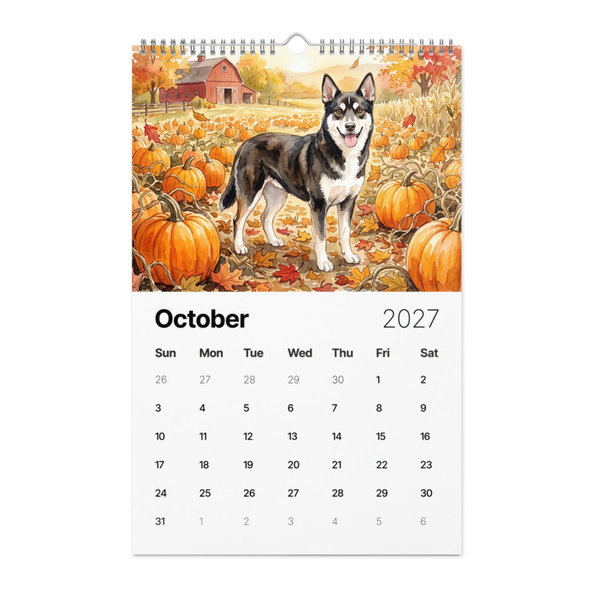 Example 2027 pet calendar, October page: a dog painted in watercolor style