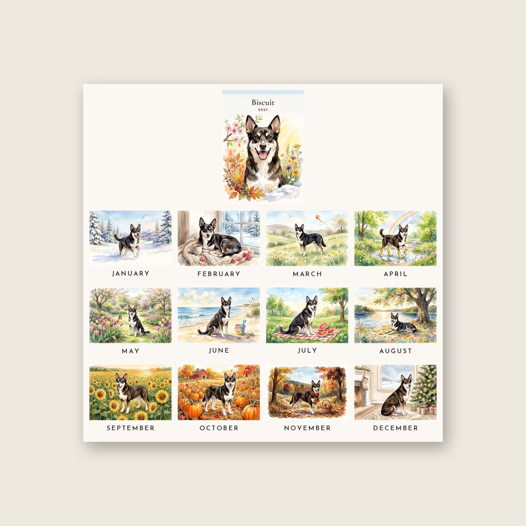 All 12 months of an example 2027 dog calendar
