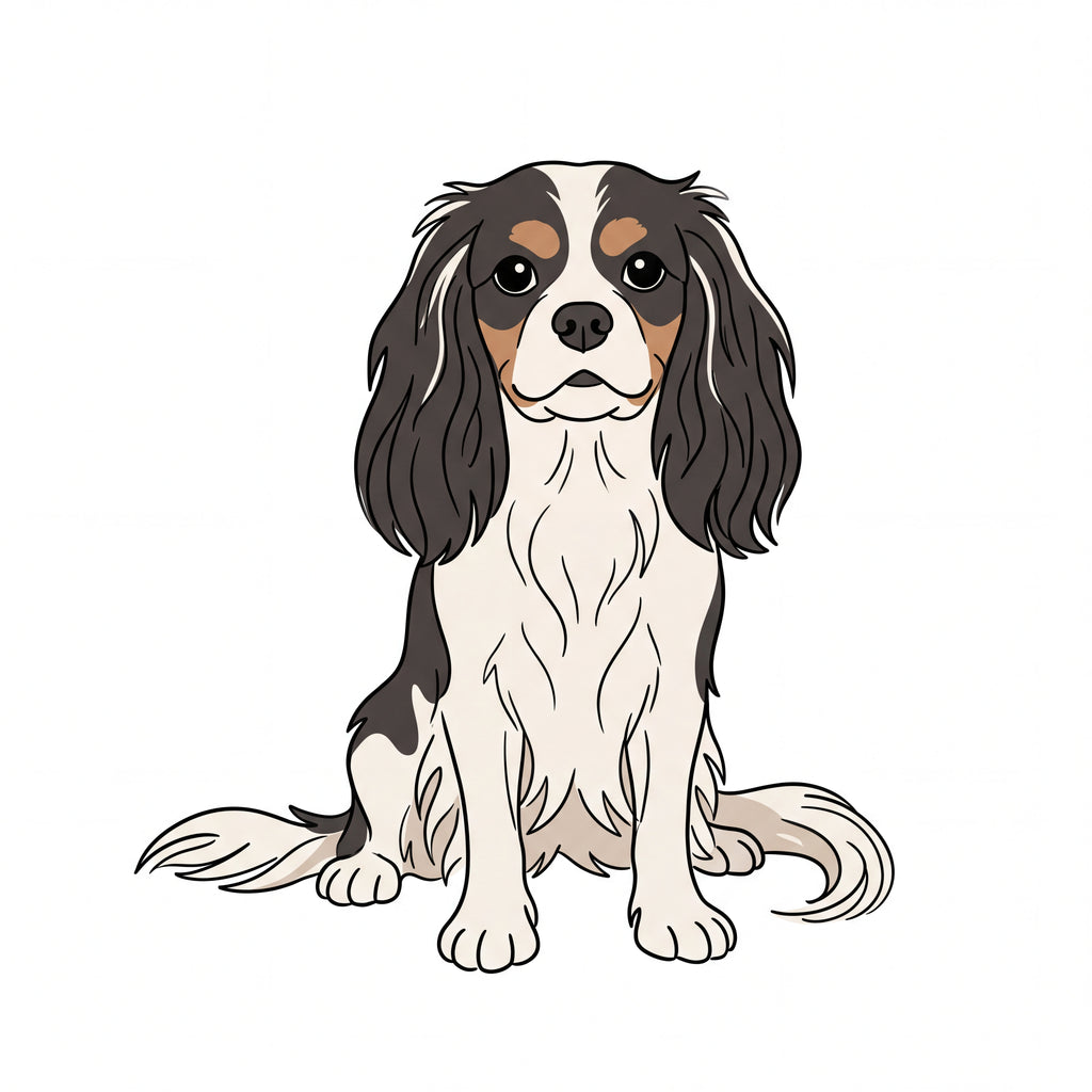 PawTale Press artwork: Cavalier King Charles Spaniel (tricolour), Modern line style