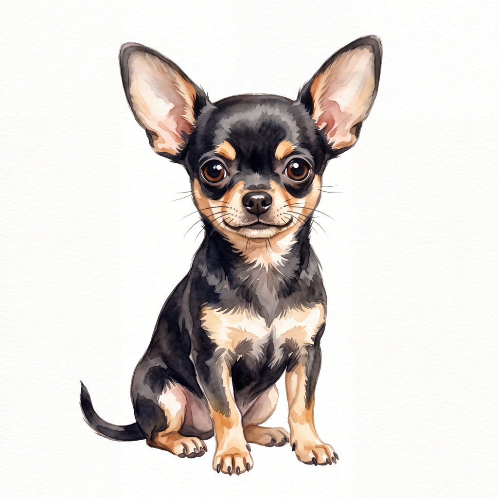PawTale Press artwork: Chihuahua (black and tan), Watercolor style