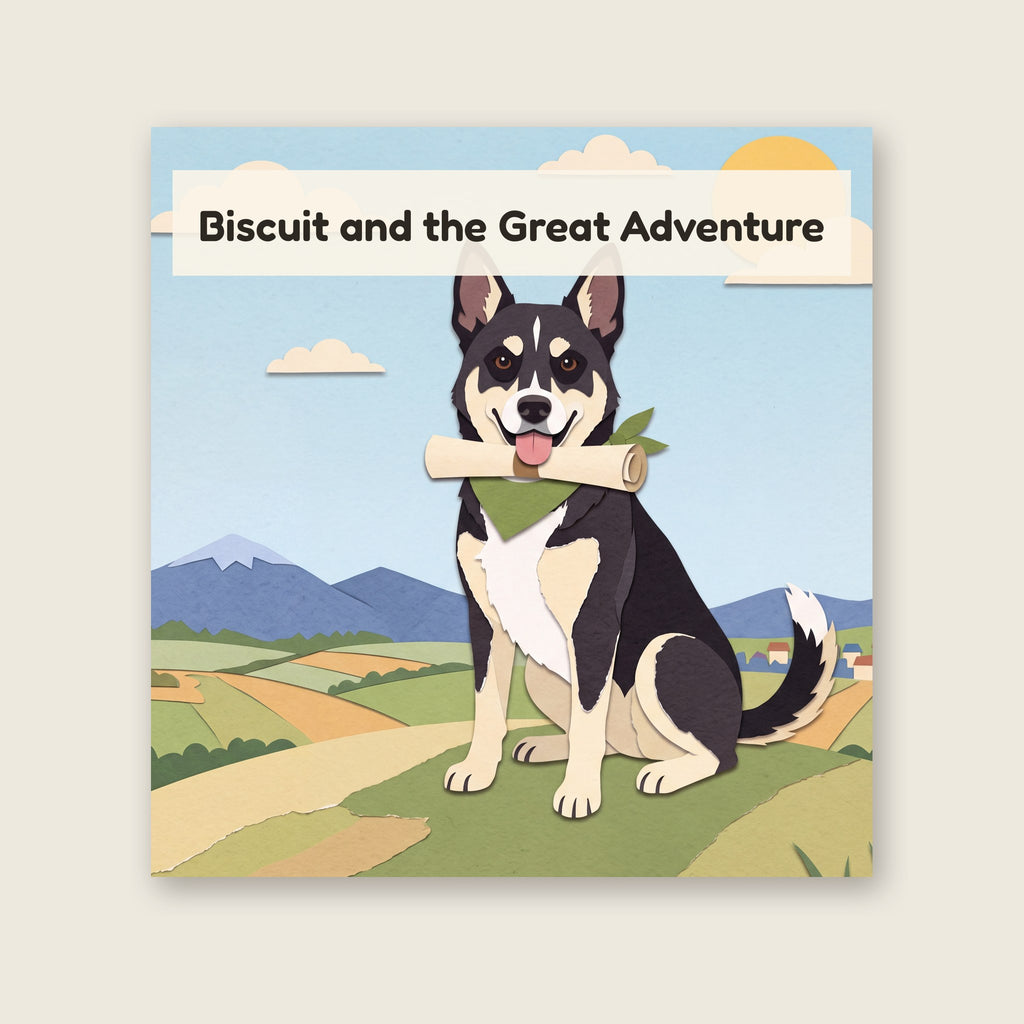 Example storybook cover: a dog as the hero, cut-paper illustration