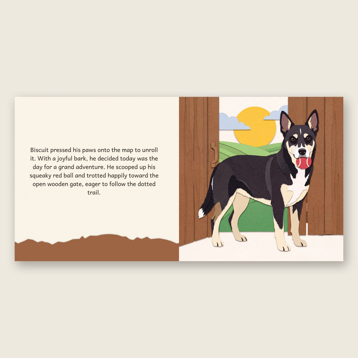 Inside the storybook: story text beside a full-page cut-paper illustration