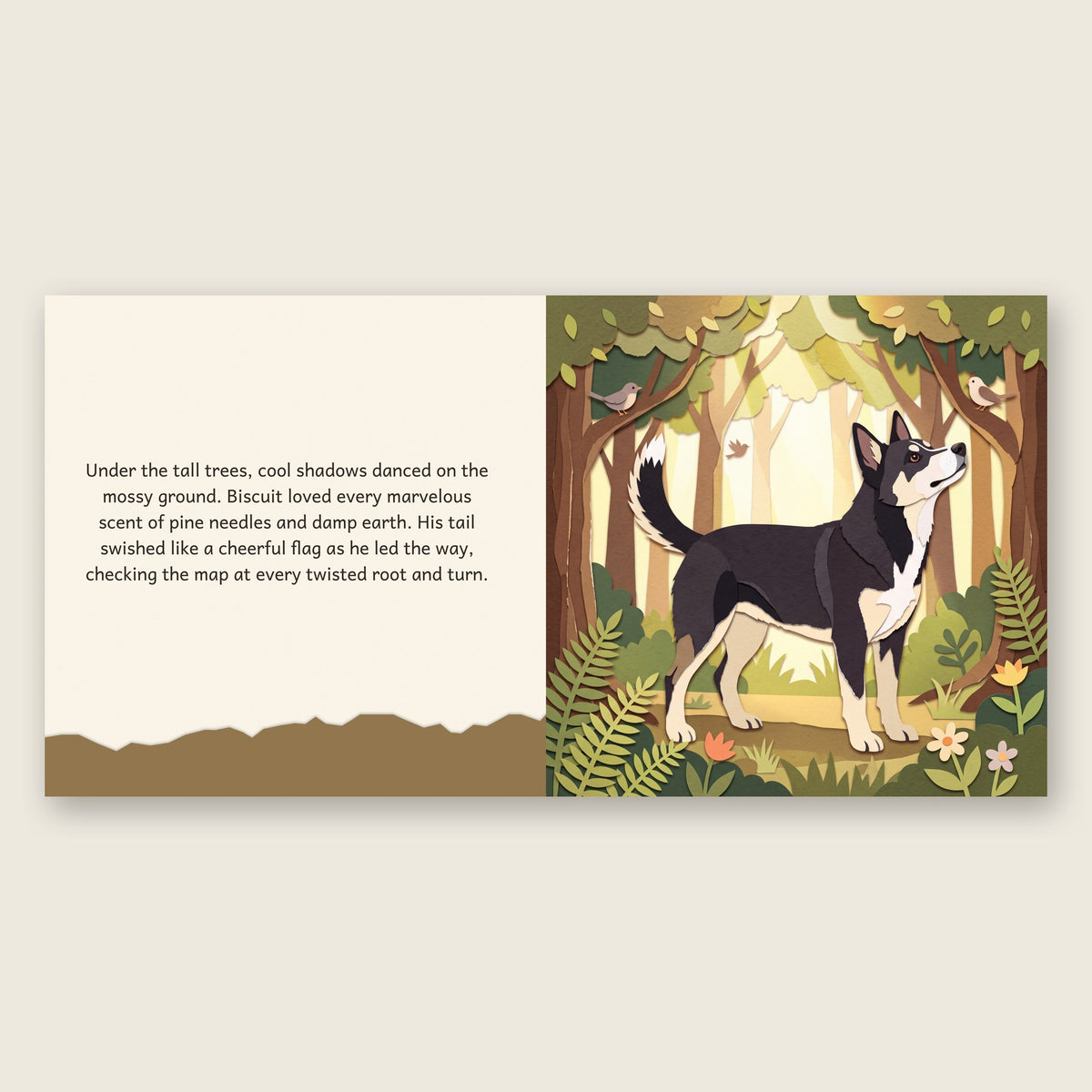 Inside the storybook: story text beside a full-page cut-paper illustration