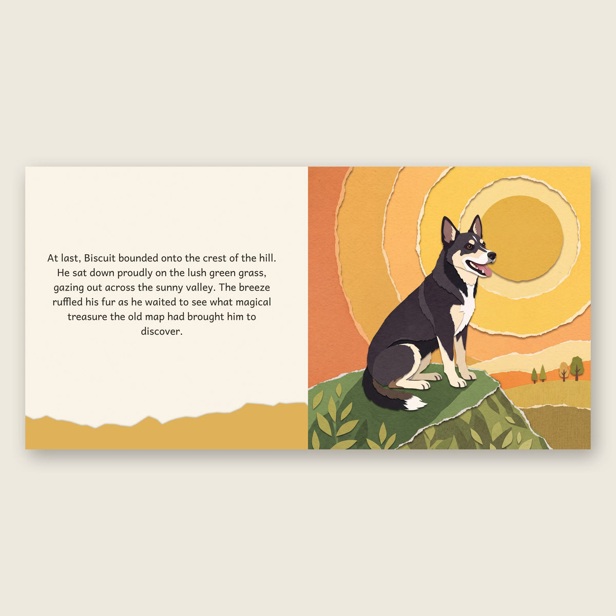Inside the storybook: story text beside a full-page cut-paper illustration